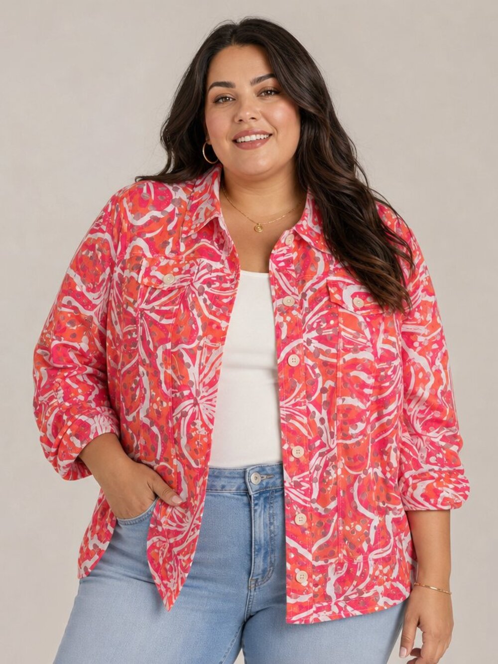 🌺 Linear Bright Coral‑Pink Printed Button‑Front Shirt Jacket In EUC
